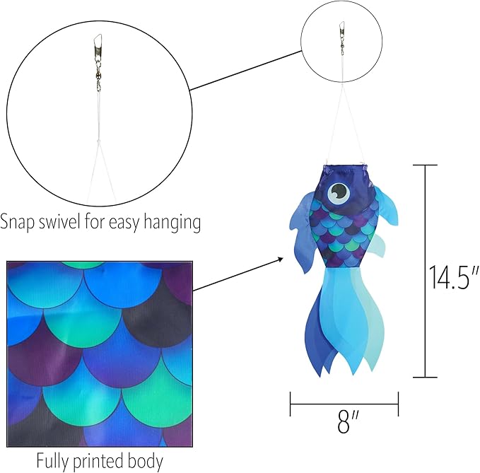 In the Breeze 5218 — 15-inch Cool Damsel Fish Windsock — Colorful Blue Fishsock Hanging Garden Décor with Detailed Printed Graphics