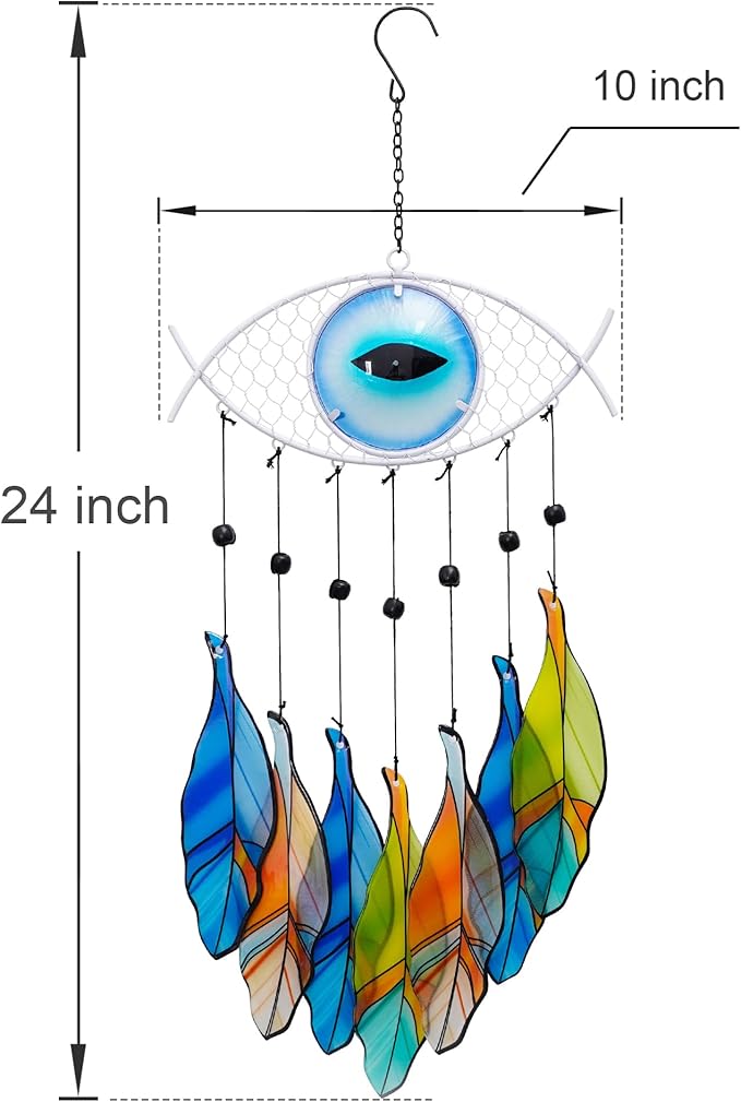 Metal Evil Eye Wind Chime,Evil Eye Wall Art Decor Colorful Glass and Metal Spiritual Wind Chimes for Outdoor Patio, Balcony, Garden, and Yard