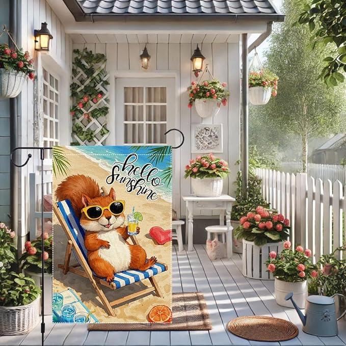 Little Squirrel Garden Flag Summer Garden Flags Beach Wooden Chair Sun Umbrella Enjoy A Holiday Garden Flags 12x18 Inch Double Sided Small Burlap Outside Decorations