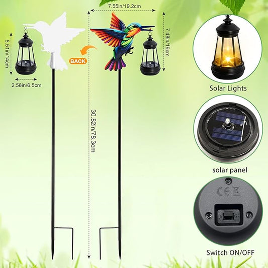 2 Pack Solar Garden Statue Figurine with Solar Lanterns Outdoor Waterproof, Hummingbird Hanging Solar light, Solar Path Lights Yard Art, Outside Patio Garden Decor Gardening Gift for Mom Grandma Women