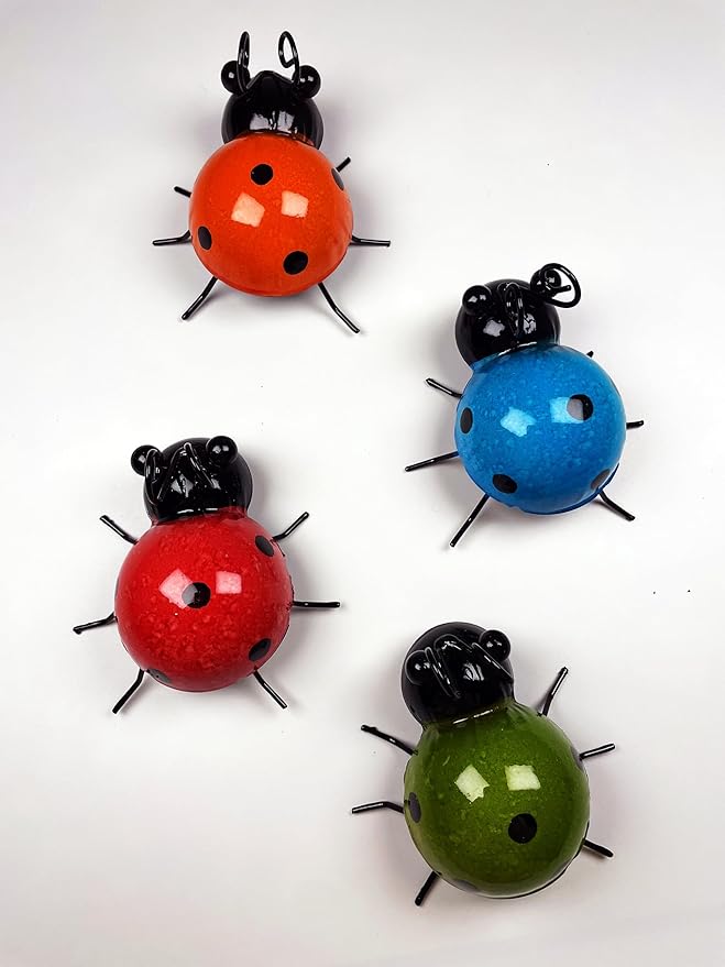 Metal Garden Decor Ladybugs for Outside, Set of 4, Orange, Red, Blue, Green (4 Small Colorful)