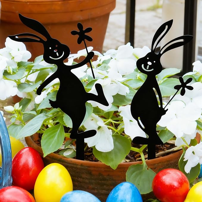 2 Pcs Metal Rabbits Decorative Statues, Black Metal Yard Art Animals Garden Stakes Rabbit Silhouette,Rabbits Yard Art, Flowerbed Decoration, Outdoor Decor