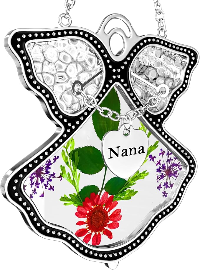 KY&BOSAM Angel Suncatcher Nana Stained Glass for Windows Hangings Wind Chime Home Decor with Pressed Drived Flower in Glass and Metal Charm Birthdays Gifts for Nana Mothers Day Valentines Christmas
