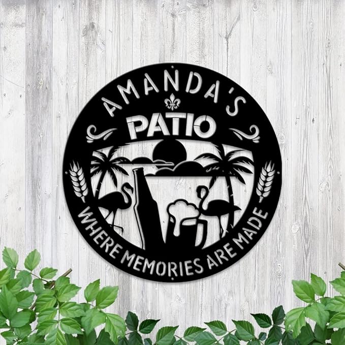 MeMate Patio Sign Outdoor Decor, Personalized Metal Sign for Backyard, Patio, Custom Name Signs for Garden Porch, Deck, Flamingo Beer Large Metal Sign for Outside, Housewarming Gifts