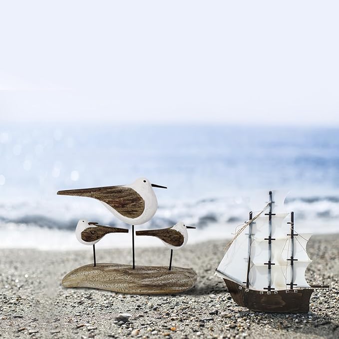 Morning View Wooden Sea Birds Decor Wood Seagull Statue Bird Figurines Seabird Statue Standing Seagulls Decorations Coastal Sculpture Nautical Beach Ocean Home Table Garden Yard Lawn Outdoor 5 Inch