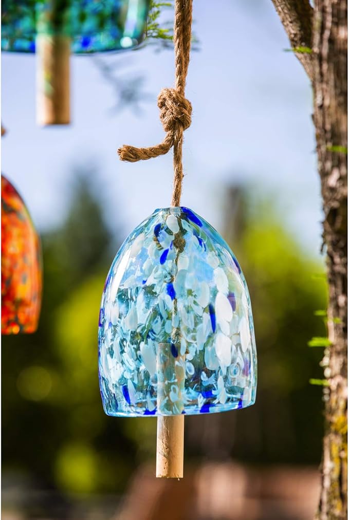 Evergreen Garden Colorful Art Glass Wind Chime | Light Blue| Solid Wood Striker | Natural Deep Tone | 8 Inches Tall | Beautiful Gift for Patio, Garden, Outdoor Home Decor