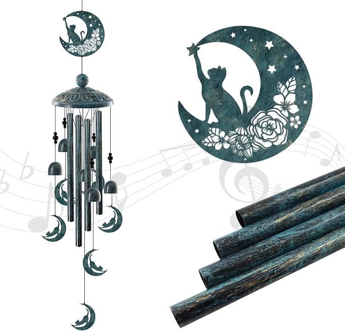 Cat on the Moon Wind Chimes for Outside - 35" Large Metal Windchime with 6 Cat Charms & 4 Tuned Aluminum Tubes - Memorial Pet Sympathy Gift, Verdigris Bronze Garden Decor for Yard, Porch, Patio