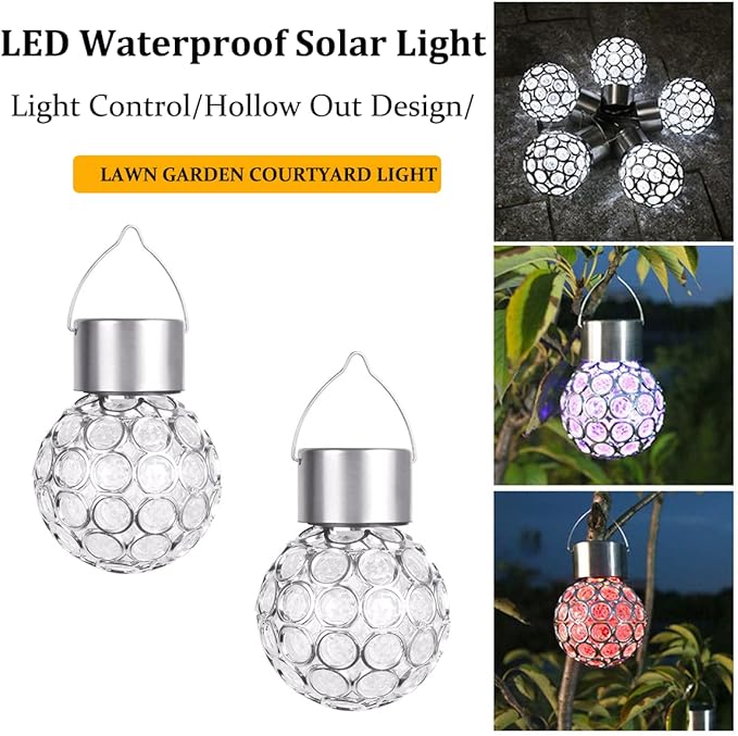 2 Pack Hanging Solar Light Outdoor, Decorative Solar Powered Waterproof Ball Shaped Night Light, Hanging Globe Solar Lights for Gardens, Yards, Patios, Lawns (White Light)