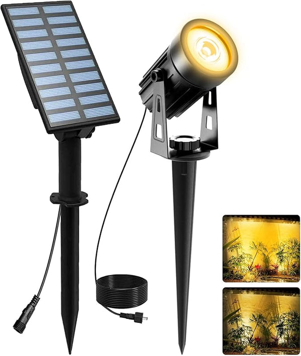 T-SUNUS Christmas Solar Landscape Spotlights Warm White 3000K Metal Lights, Garden Spot Light IP65 Waterproof 9.8ft Cable, 2000mAh Separated Panel, Auto On/Off for Halloween Tree Flag Driveway Pathway