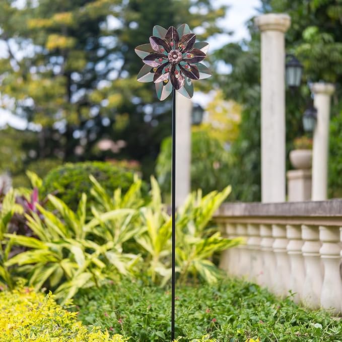 VEWOGARDEN Wind Spinners Outdoor with 2 Blades, Metal Kinetic Wind Spinner with Flower Design for Yard Garden Lawn Decorations