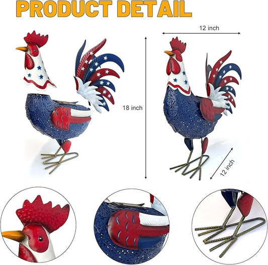 LIFFY Metal Rooster Yard Decor,18" Solar Chicken Outdoor Garden Statues with Patriotic Flag Design,Farm Animal Figurines Decorative Ornament Outside for Patio Backyard Lawn,Gifts for Chicken Lover