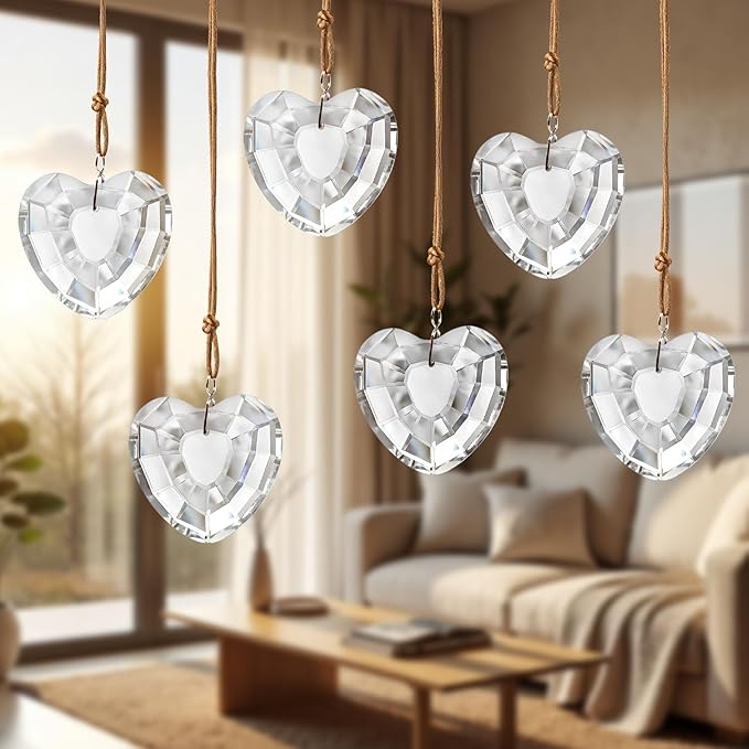 6pcs Clear Crystal Glass Heart Prisms Ornaments Valentines Heart Hanging Crystals Decor for Window Home Car Garden