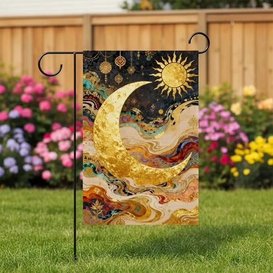 Sun and Moon Garden Flag for Outdoor Decor, Double Sided Seasonal Yard Flag with Golden Celestial Design, 12x18 Inch, Pole Not Included