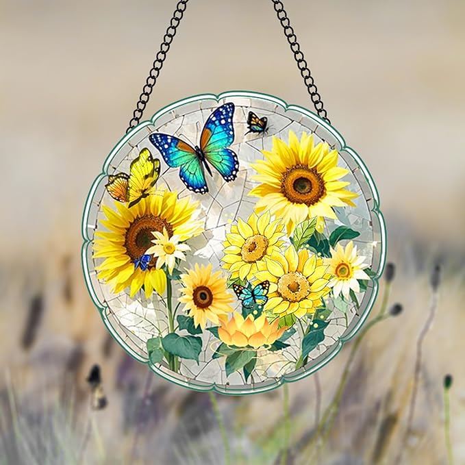 Stained Glass Window Hanging Sunflower 8 Inch, Indoor Outdoor Wall Art Home Decor, Sun Catchers,Birthday for Women Men