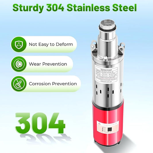 Deep Well Submersible Pump, DC 12V 180W Stainless Steel Water Pump, 6.6GPM Flow, 82ft Lift, for Industrial Home Farm Ranch Irrigation 4500RPM with 49ft Electric Cord