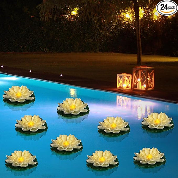 LACGO 24 PCS Water Activated Floating Lights - 6'' Waterproof Floating Lotus Light Battery Operated Artificial Floating Flowers for Pool Wedding Anniversary Garden Decoration(6 Inch, White)