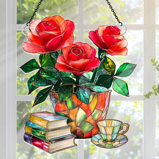 Jesuspirit - Window Hanging Suncatcher – Crystal Clear Acrylic & Wood Sun Catcher for Home Decor, for Women (Nostalgic Roses, Books, and Tea, 6 Inches)