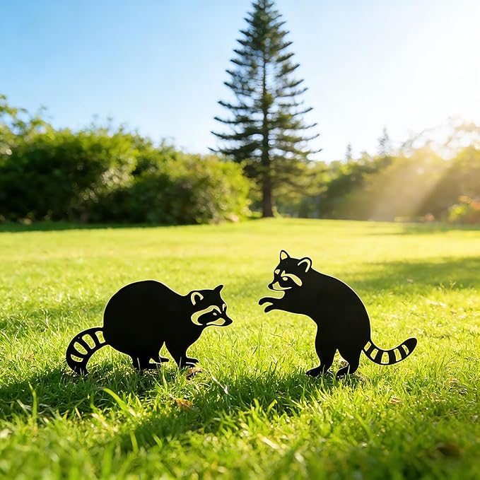 2 Pack Raccoon Metal Garden Stakes for Outdoor Decor – Cute Animal Yard Art for Garden, Lawn, or Pathway – Weather-Resistant Black Silhouette Statues, Unique Gift for Nature & Wildlife Lovers