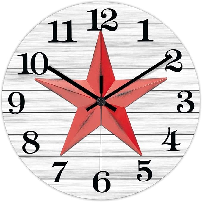 Retro Farmhouse Wall Clock Western Texas Star Vintage Retro Style Wood Clock Silent Non-Ticking Battery Operated Wooden Desk Clock for Living Room School Patio Home Accent 15 Inch