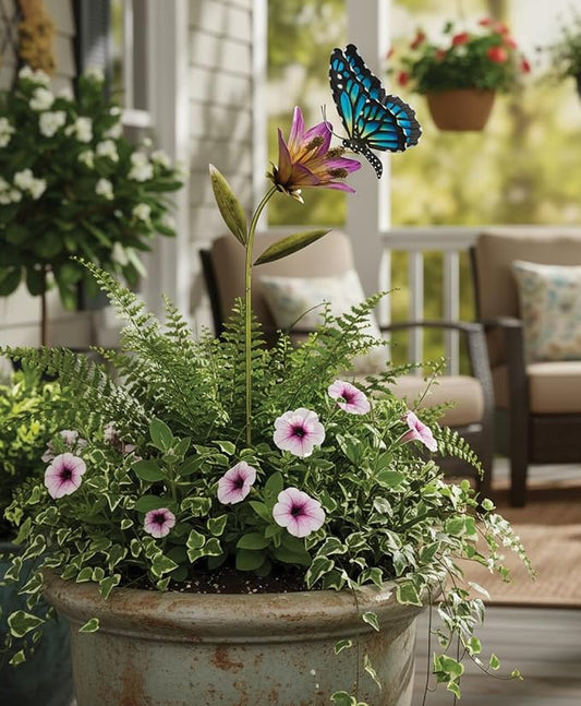 Regal Art & Gift Butterfly Flower Metal Garden Stake - Decorative Handcrafted Outdoor Metal Sculpture for Lawn, Patio & Garden Décor - Blue