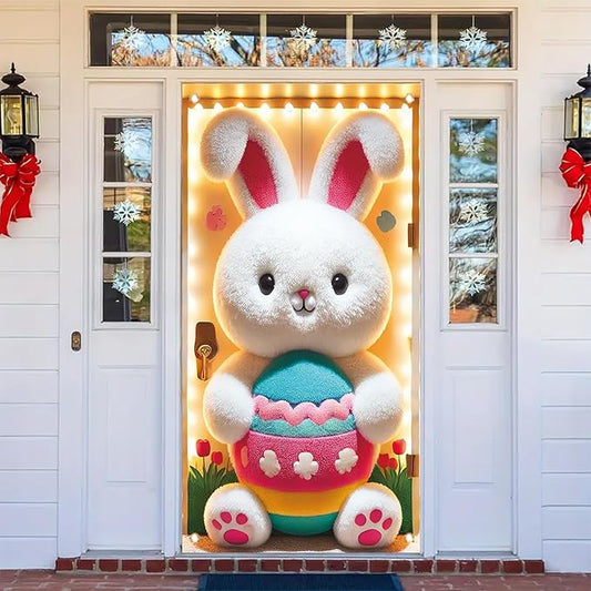 Happy Easter Door Cover Decoration Easter Eggs Bunny Banner Welcome Spring Happy Easter Day Party Photography Background Backdrop for Party Decorations Supplies 70.8 x 35.4 inch