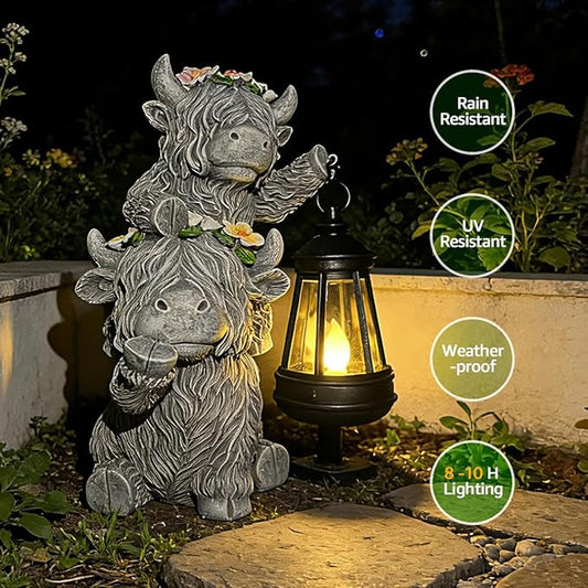 Solar Garden Outdoor Statues Lantern Figurines Light Decorations for Outdoor Patio Balcony Yard Lawn, Ideal Gifts for Mom Friends (Cement Gray- Cow)