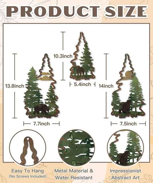 Putuo Decor 3PCS Bear Pine Tree Wall Decor, Woodland Wildlife Wall Art Forest Poster Tree Wall Decoration Artwork for Living Room Bedroom Bathroom Cabin Home Decorations
