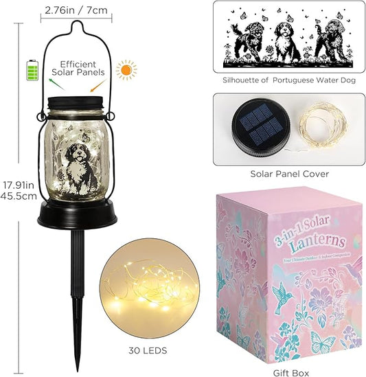 Portuguese Water Dog Gifts for Women/Men Portuguese Water Dog Solar Lanterns Mom Birthday Pet Lovers Lantern Pet Loss Memorial Lights Solar Garden Decoration for Yard, Patio,Backyard,Porch Lights