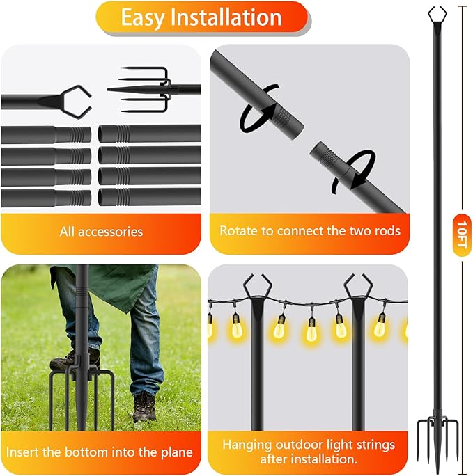 LETIANPAI 8 Pack String Light Poles,10 FT Metal Poles with Fork for Outdoor String Lights,Outdoor Light Poles with Fork,Poles/Post/Stand for Outside