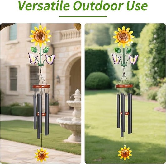 Sunflower Wind Chimes with Spinning Butterflies for Outside Hanging Garden Decor, Black Aluminum Tubes, Floral Wind Chimes for Yard, Porch, Patio, or Balcony for Women Mom Grandmom