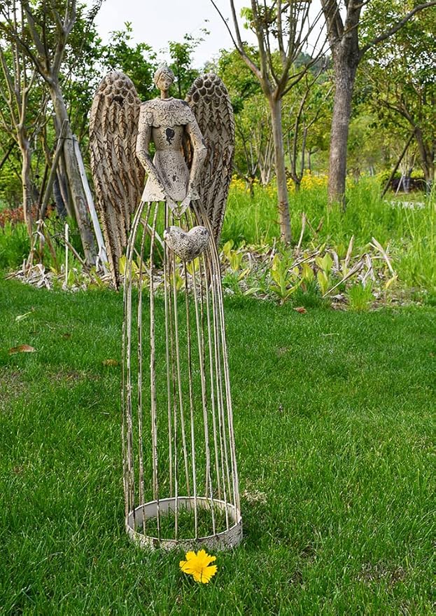 Linfevisi Garden Angel Statue Decor Rustic Metal Angel Sculpture Garden Yard Art Heavenly Home Decor Antiqued Accent Housewarming Gift 32 Inch Tall (Heart)