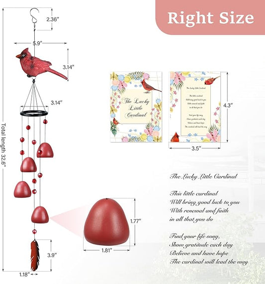 Cardinal Wind Chimes for Outside,Red Bird Wind Chimes Outdoor Decorations, for Mom/Grandma,Garden Patio Backyard Hanging Decor.