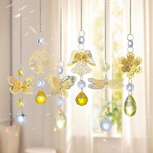 6pcs Yellow Crystal Suncatchers for Window Hanging Ornaments Garden Sun Catchers with Crystals Rainbow Maker Indoor Outdoor Decor
