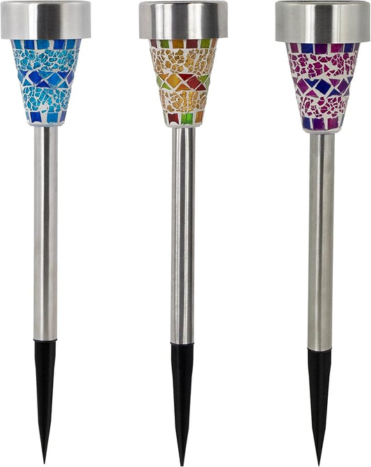 Northlight Set of 3 Mosaic Stained Glass Solar Powered LED Pathway Markers, 15.5"