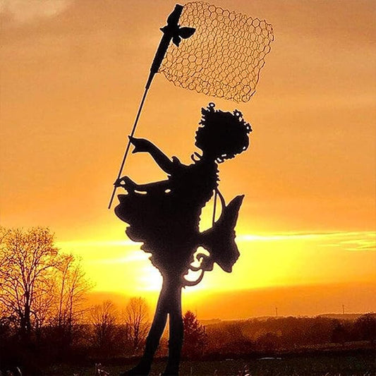 Butterfly Girl Metal Sculpture | Yard Metal Art Statue, Anime Style, Black Iron, Garden Statue, All Seasons