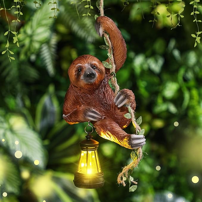 Mudder Solar Light Sloth Garden Statues 7.5'' Resin Hanging Figurine Climbing on 24" L Vine with LED Lantern Decorative Sculpture Waterproof Statues with Hook for Yard Outdoor Patio Yard Wall Decor