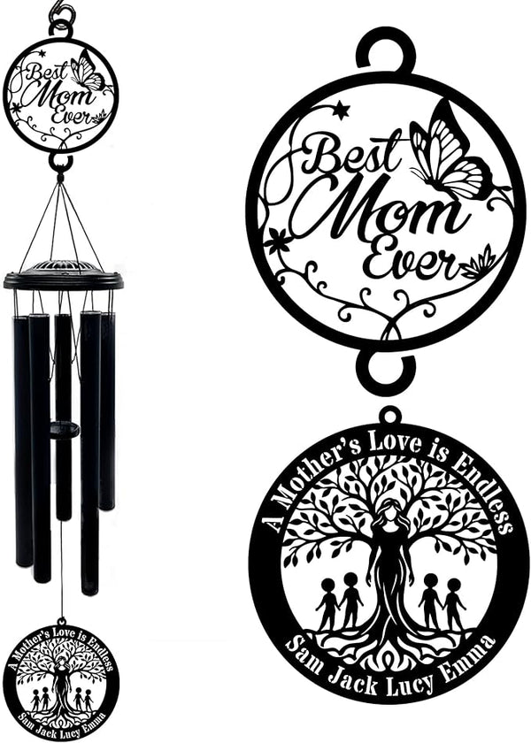 Personalized Mother’s Day Wind Chimes with Custom Metal Signs, Best Mom Ever & Tree of Life Design, Engraved Names Memorial Wind Chime Gift for Mom, Outdoor Garden Patio Sympathy Decor