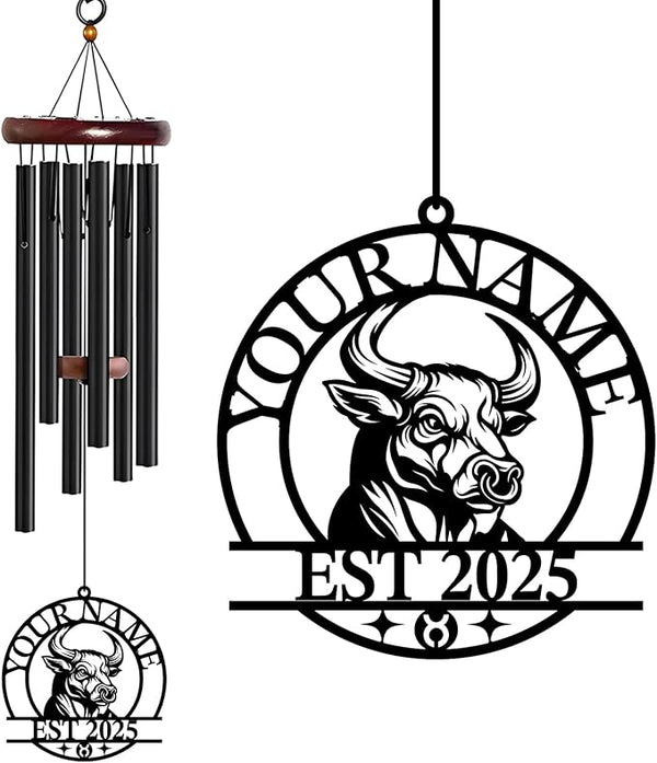 Personalized Customize Name 12 Zodiac Signs Wind Chime, Metal Iron 37 Inch Outdoor Memorial Gift for Garden Yard Patio Home Decor, Black (Taurus)
