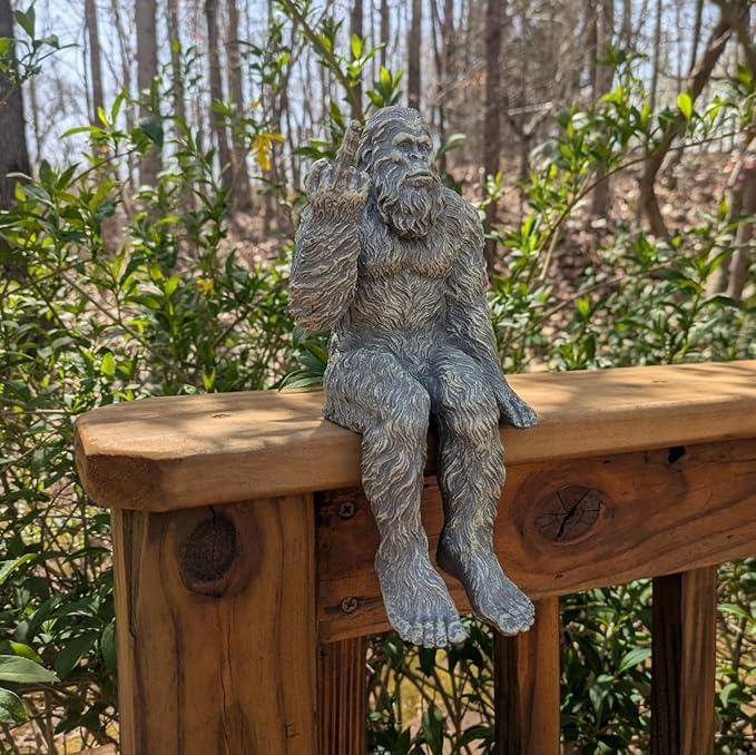 John Bernard & Company Bigfoot The Rude ‘Flipping The Bird’ Sasquatch Yeti Statue/Figurine Indoor/Outdoor Sculpture for Patio, Deck, Home, Office 10 in H Shelf Sitter Figurine (Stone Gray)