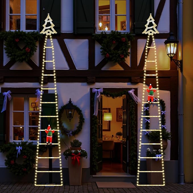 Christmas Ladder Lights with Santa Claus, 248 LED Rope Ladder Light, 8 Lighting Modes & 6H Timer, Waterproof Xmas Decorations Light for Indoor Outdoor, Yard, Porch, Wall, Christmas Tree Decor