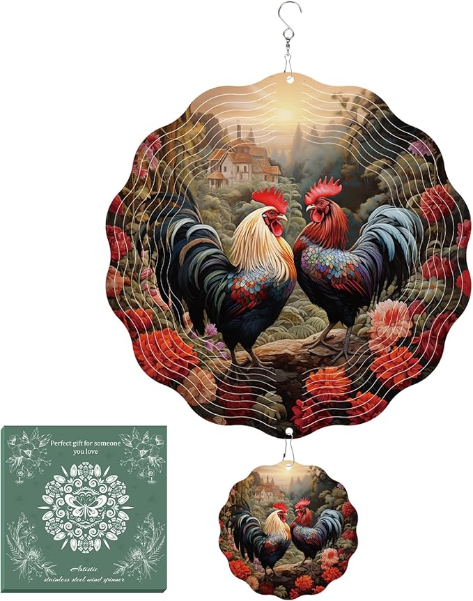 Rngmsi Chicken Wind Spinner Outdoor, Rooster Wind Spinners 3D Frosted Hanging for Patio Lawn and Garden, Chicken and Flower Hanging Wind Gifts for Women Mom Men Grandma (12 X 12 Inches)