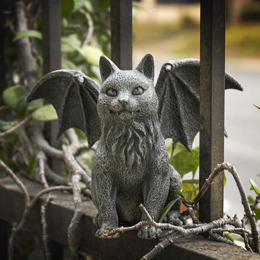 6.75” Faux Stone Gothic Winged Gargoyle Cat Fantasy Garden Charcoal Grey Textured Statue