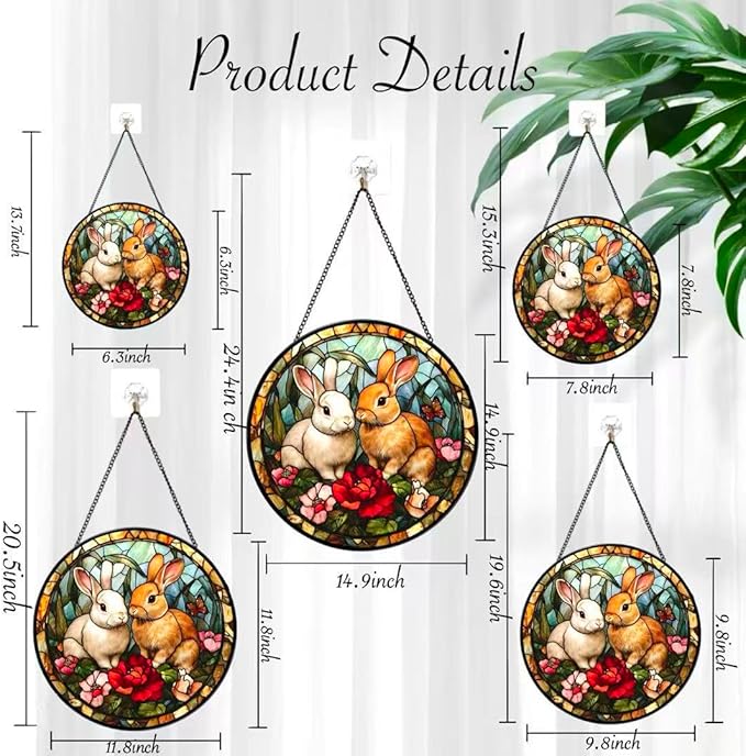 Funoasis Stained Glass Window Hanging 6.3 Inches Suncatcher - Two Rabbits On The Grass in The Forest Ornaments Sun Catcher Home Decor Women Birthday