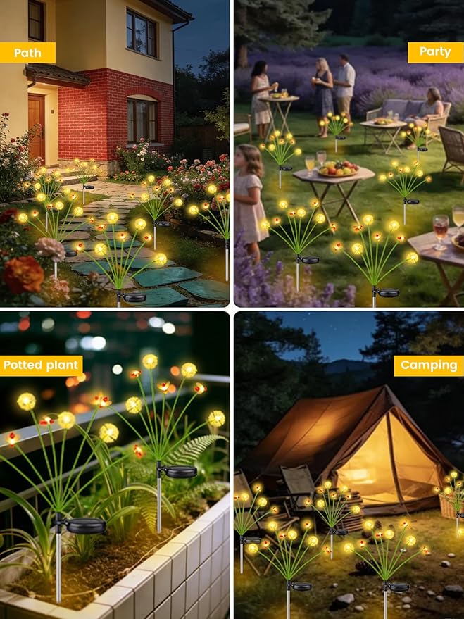 Solar Garden Lights Outdoor, 4 Pack 32 LED, Solar Swaying Dandelion Bee Lights Waterproof, Swaying Firefly Lights for Yard Pathway Lawn Patio Decorations, 2 modes (Steady on, Slow Twinkle), Warm White