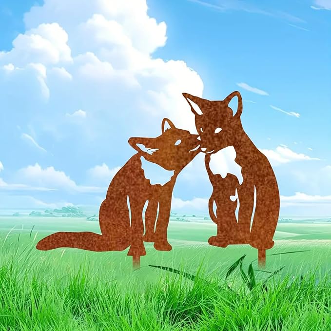 Garden Outdoor Fox Decoration Metal Yard Art Animal Corten Steel Garden Decor Decoration Stake Gift Handmade Wall Art for Yard Lawn Trees Fences Gates Windows Walls-15.7INX15.7IN