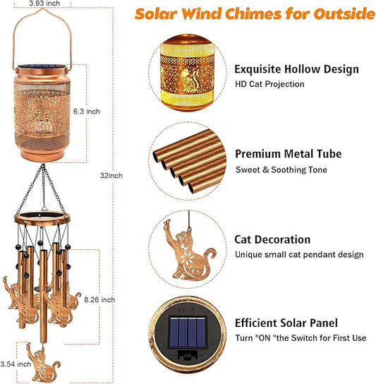 Cat Solar Wind Chimes for Outside, Gifts for Mothers Day Mom Women Grandma Birthday Memorial Teacher, 32" Windchimes Outdoor Decor Hanging Solar Lantern for Garden Porch Patio Backyard