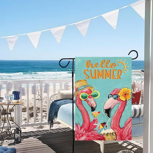 Baccessor Hello Summer Garden Flag Double Sided 12.5x18 Inch Pink Flamingo Tropical Beach Summer Welcome Small Yard Flag Burlap Seasonal Farmhouse Outside Outdoor Decoration