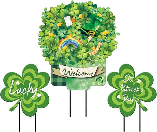 Lawnldyll 3 Pcs Metal St. Patrick's Day Yard Signs with Lucky Shamrocks Happy St. Patrick's Day Hanging Door Decor Welcome Yard Stakes for Irish Holiday Home Patio Lawn Outdoor Indoor Decor