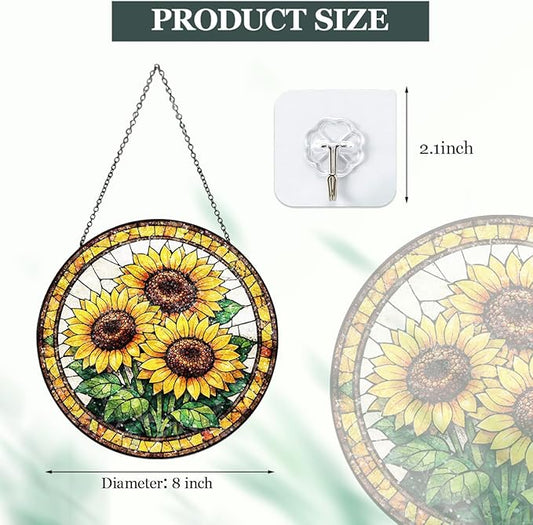 Sunflower Stained Glass Window Hanging - Round Floral Suncatcher with Chain, Colorful Glass Ornament for Home Garden Window Decor Gift, 8 Inch