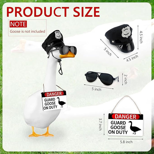 CAMDUCK 3 Pcs Porch Goose Accessories Porch Goose Sign Goose Police Hat Eyeglasses Wooden Gooses Warning Sign Danger Guard Geese on Duty Warning Sign Geese Outfits Decor for Yard Porch Lawn